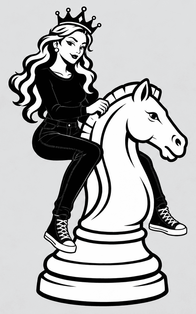 Ilustración en blanco y negro de una joven coronada montando una pieza de caballo de ajedrez.