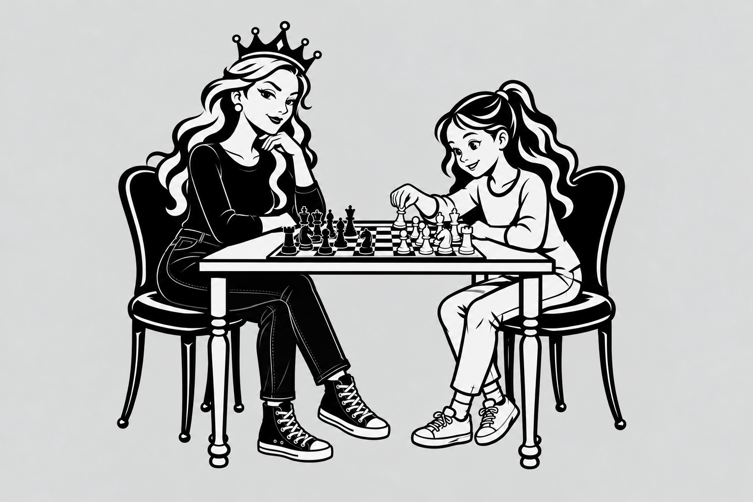 Ilustración en blanco y negro de una niña jugando ajedrez mientras una tutora la acompaña.